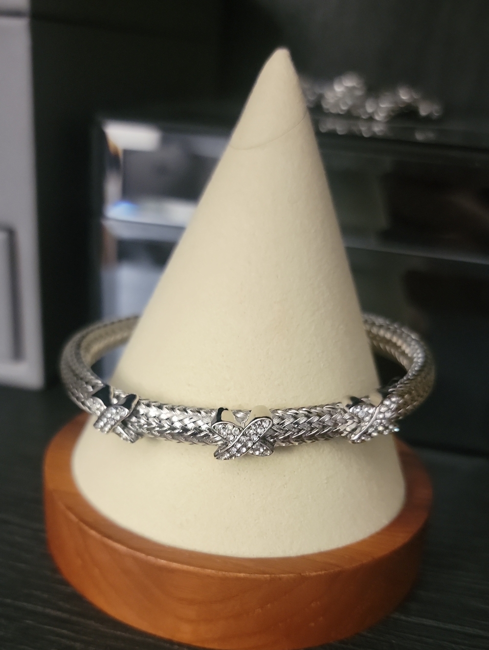 Silver Braided Bracelet with Crystal X Accents - Womens Jewelry